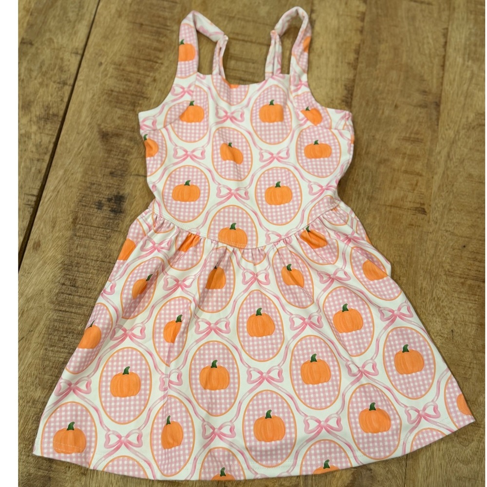 Millie Collys Girls Pink Orange Pumpkin Gingham Bow Fall Halloween Dress 5/6